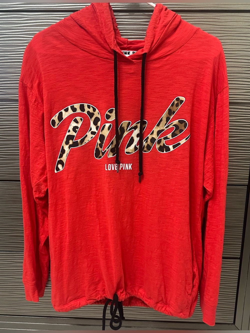 PINK Victoria's Secret Red Hoodie with Leopard Logo Script
